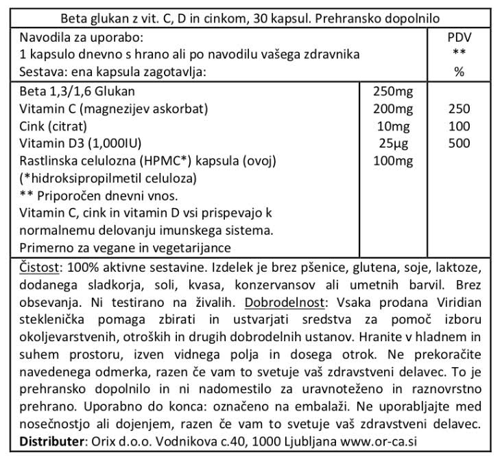 Beta glukan z vitaminoma C, D in cinkom Viridian - deklaracija