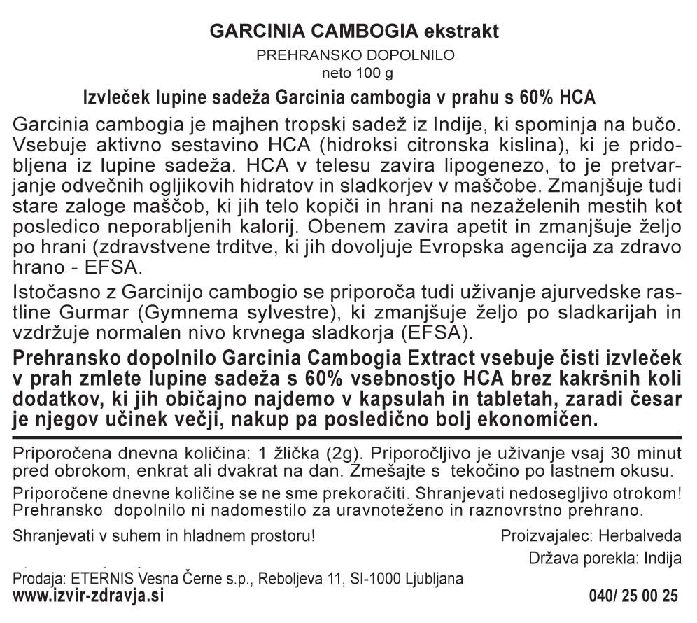 Natural Earth Garcinia Cambogia 100 g - deklaracija