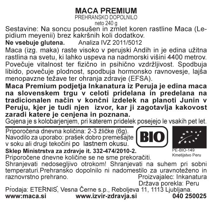 Natural Earth Maca Premium eko 240 g - deklaracija
