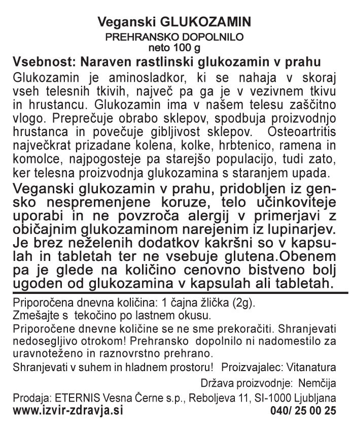 Natural Earth Veganski Glukozamin 100 g - deklaracija