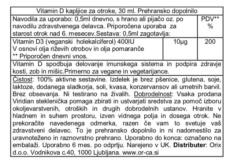 Vitamin D3 kapljice za otroke Viridian - deklaracija