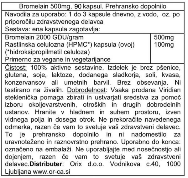 Bromelain, 500 mg Viridian 90 kapsul - deklaracija