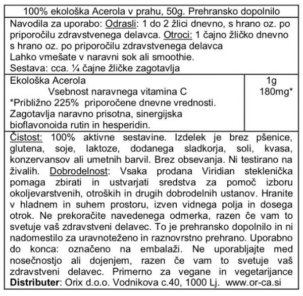 Ekološka Acerola - vitamin C v prahu Viridian, 50 g - deklaracija