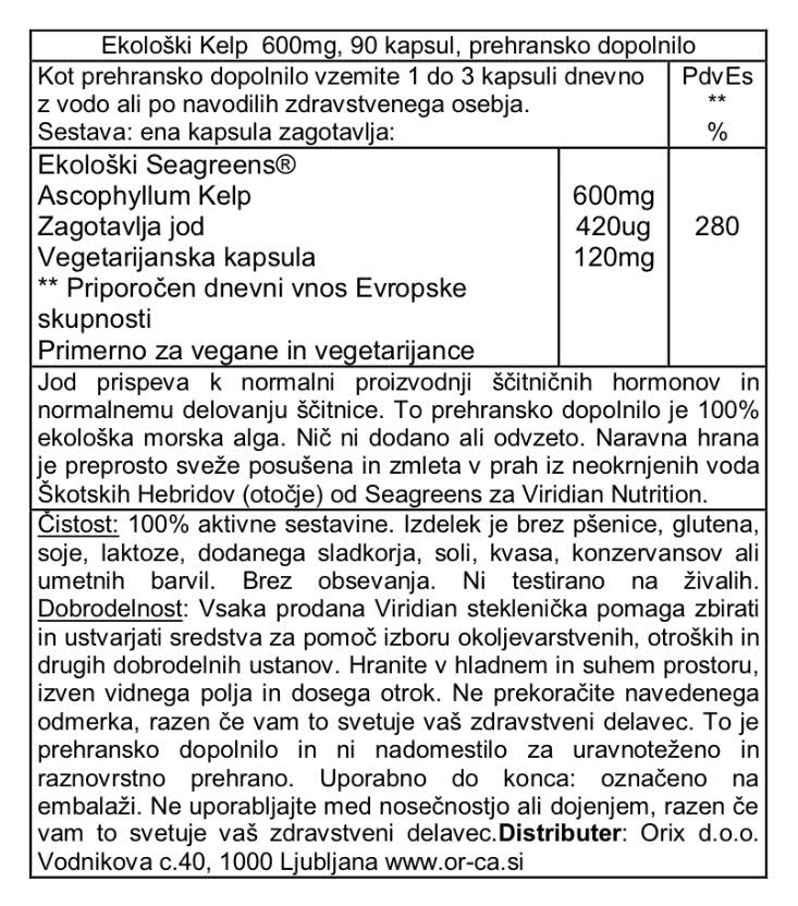 Ekološki Kelp, 600 mg Viridian, 90 kapsul - deklaracija