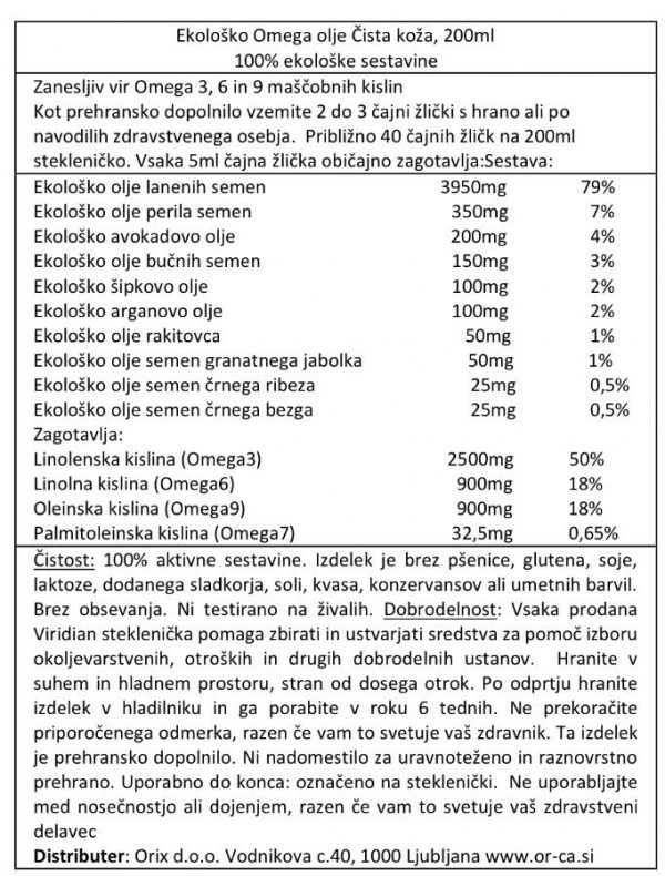 Ekološko omega olje Čista koža Viridian, 200 mL - deklaracija