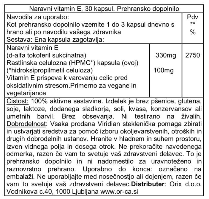 Naravni vitamin E, 330 mg (400 iu) Viridian, 30 kapsul - deklaracija