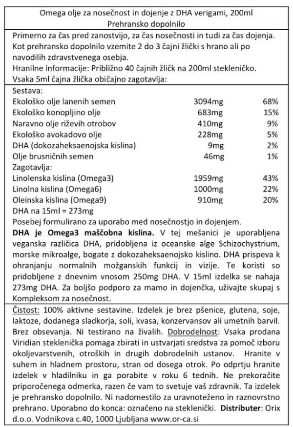 Omega olje za nosečnost in dojenje z DHA verigami Viridian 200 ml - deklaracija