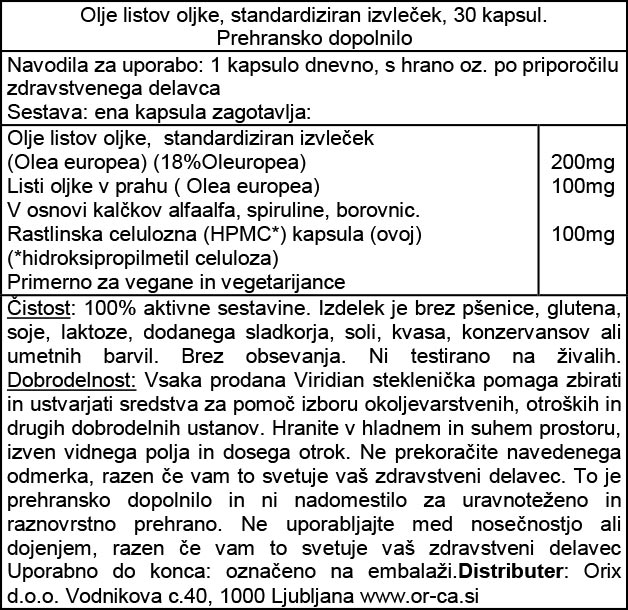 Standardiziran izvleček oljčnih listov Viridian, 30 kapsul - deklaracija