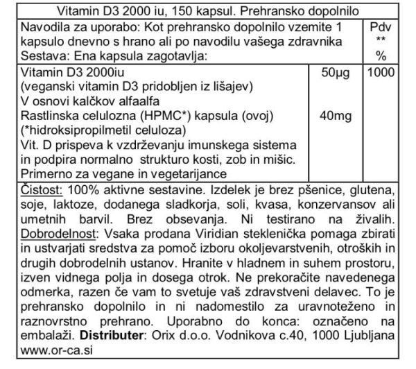Viridian Vitamin D3 150 kapsul - deklaracija
