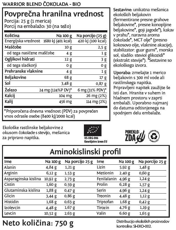 Deklaracija - Sunwarrior Warrior Blend rastlinski proteini - Čokolada, 750 g