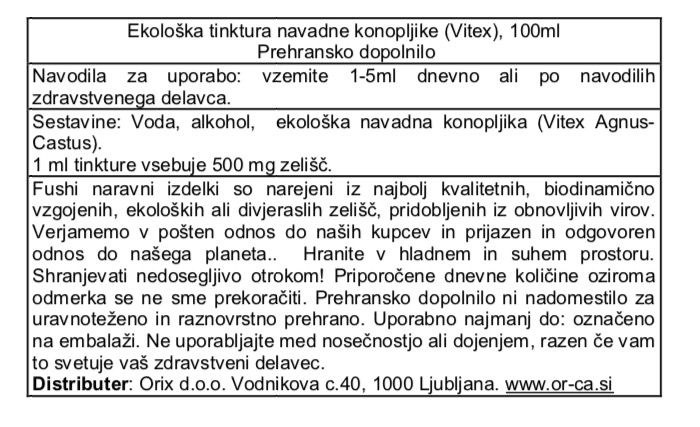 Ekološka tinktura navadne konopljike (Vitex) Fushi, 100 ml - deklaracija