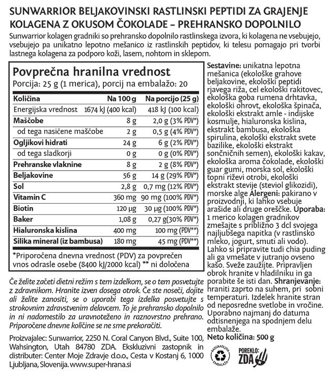 SunWarrior rastlinski kolagen gradniki Čokolada, 500 g - deklaracija