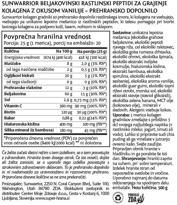 SunWarrior rastlinski kolagen gradniki - okus tahitijska vanilija, 500 g - deklaracija