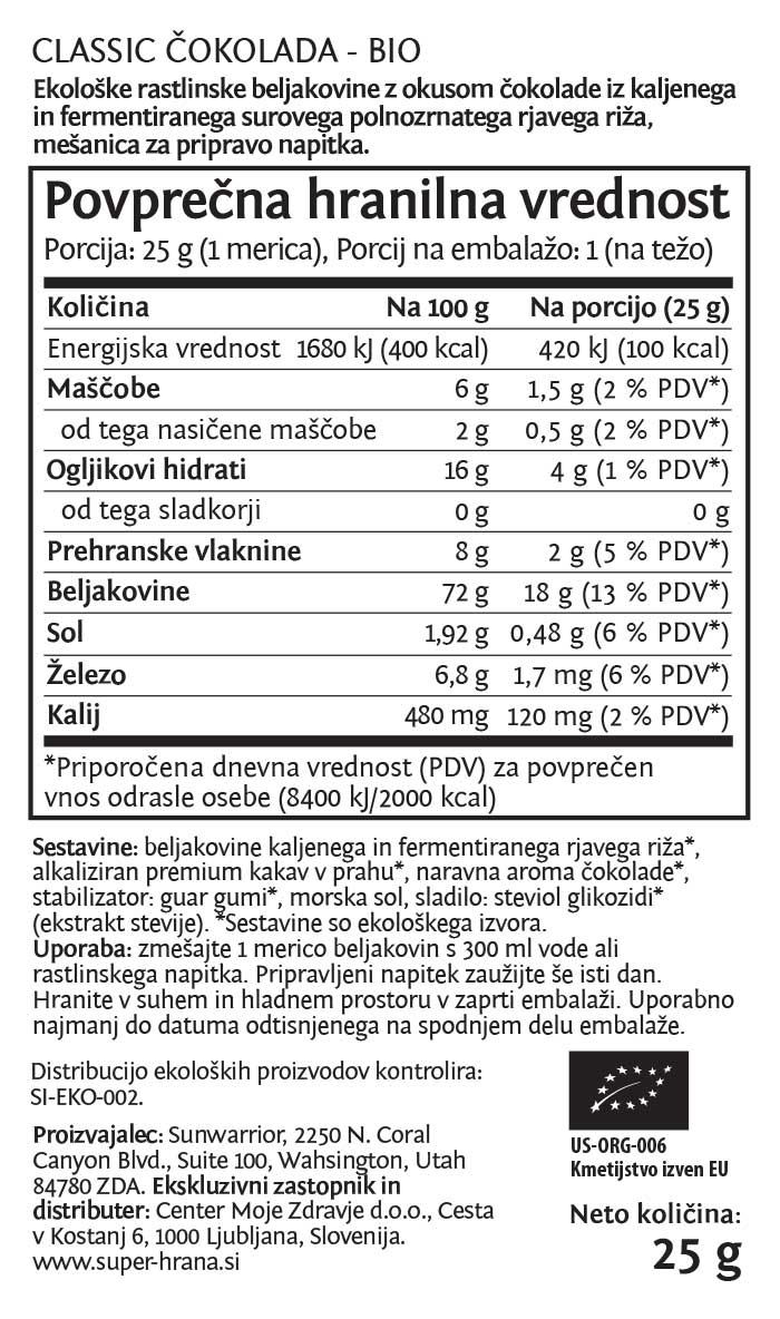 Sunwarrior Classic rastlinski proteini - Čokolada, 25 g - deklaracija