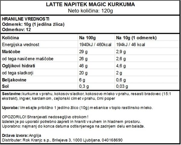 Zlato mleko - Veganski latte napitek s kurkumo Vivo Life Magic - deklaracija