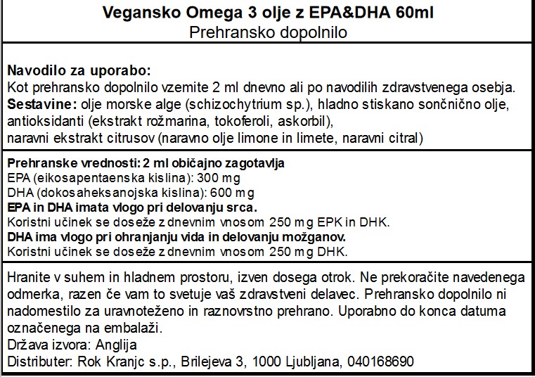 Veganske Omega 3 Vivo Life z EPA in DHA - deklaracija