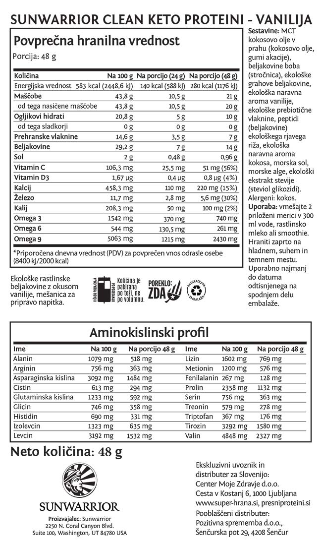 Sunwarrior Clean Keto veganski keto proteini - vanilija, 48 g - DEKLARACIJA