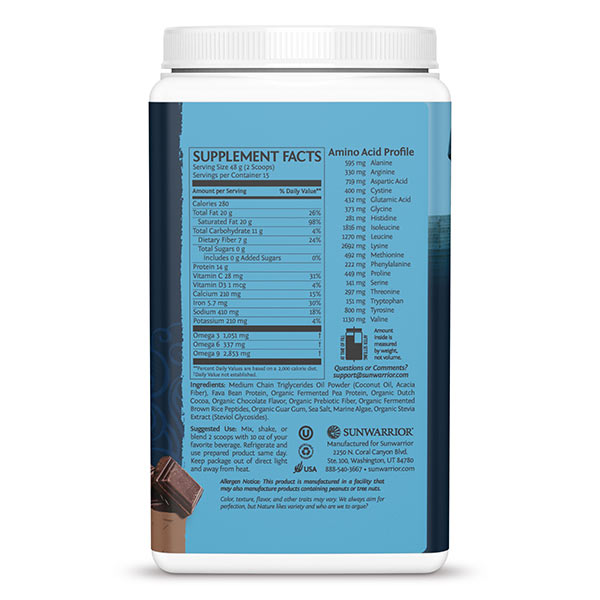 Sunwarrior Clean Keto veganski keto proteini - čokolada - hranilne vrednosti