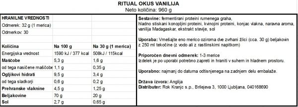 Ritual vanilija 960g - deklaracija