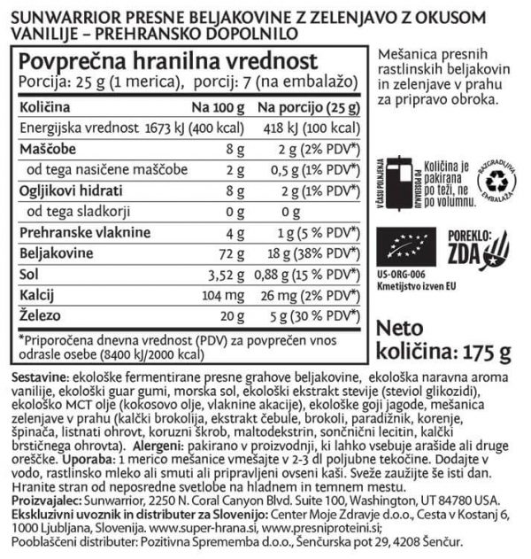 SunWarrior Presne beljakovine z zelenjavo v prahu z okusom vanilije - deklaracija