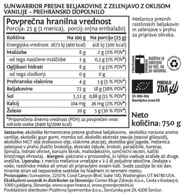 SunWarrior SunWarrior Clean Greens & Protein - Presne beljakovine z zelenjavo v prahu z okusom vanilije, 750 g - deklaracija