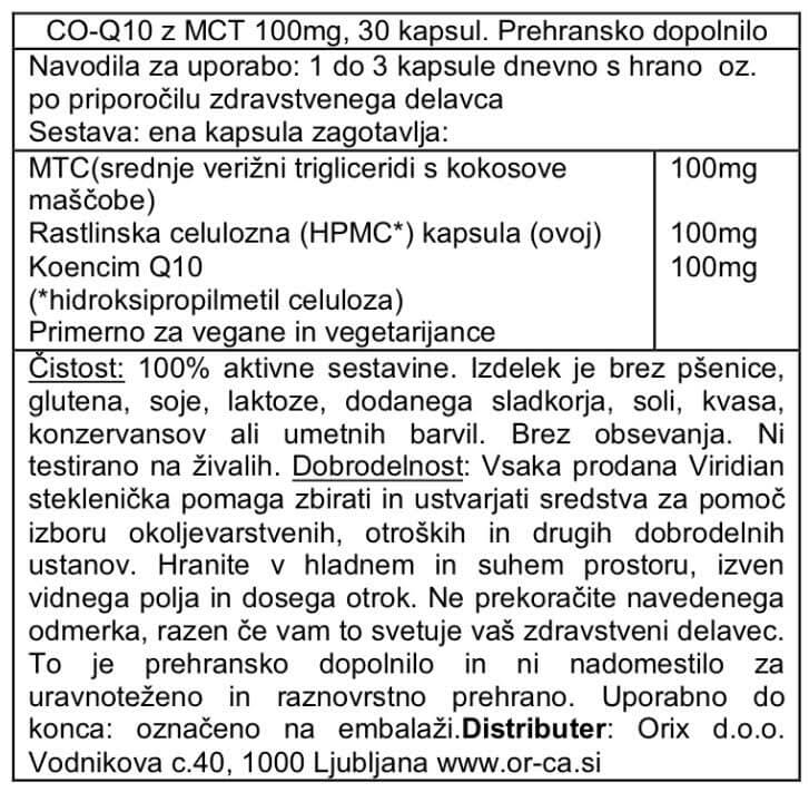 Koencim Q10 z MCT 100 mg Viridian - deklaracija