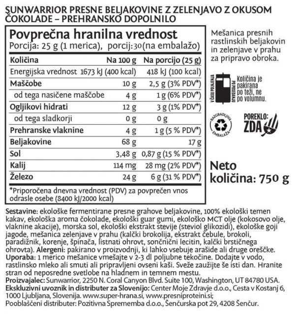SunWarrior Presne beljakovine z zelenjavo v prahu z okusom čokolade, 750 g