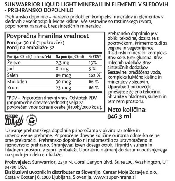 Sunwarrior Liquid Light minerali in elementi v sledeh - deklaracija