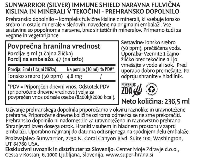 Sunwarrior Silver Immune Shield - naravna fulvična kislina in minerali v tekočini - deklaracija