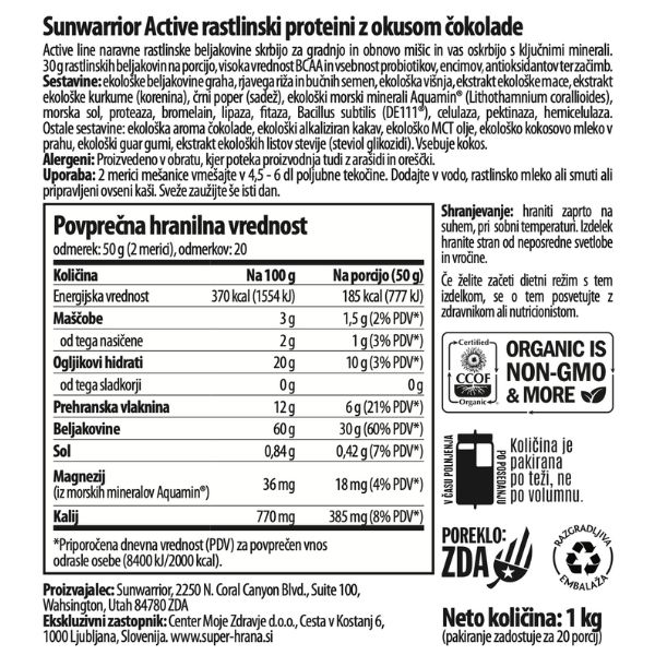 Sunwarrior Active rastlinski proteini z okusom čokolade Deklaracija