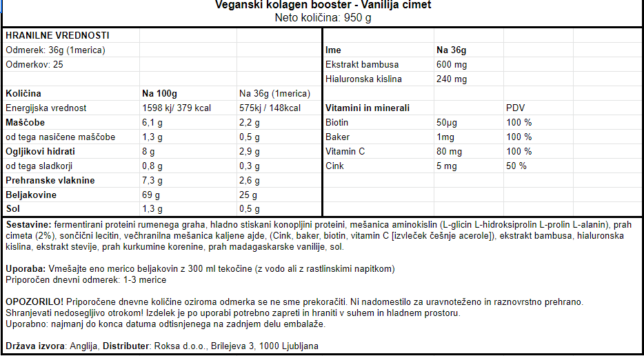 Vivo Life Veganski kolagen gradniki Vanilija in cimet - deklaracija