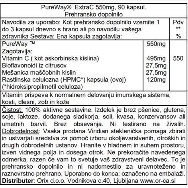 PureWay Extra C vitamin Viridian 550 mg, 90 kapsul - deklaracija
